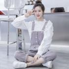 Cropped Straight-fit Denim Dungaree Pants / Long-sleeve Mock-neck Top / Set