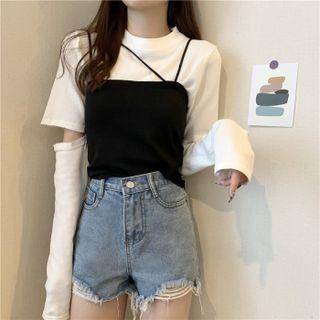 Set: Long-sleeve Cutout T-shirt + Strappy Camisole Top