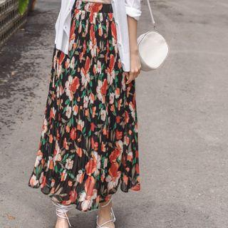 Plus Size Pleated Floral Long Chiffon Skirt