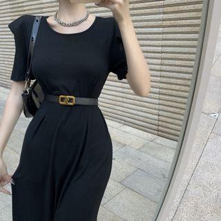 Short-sleeve Midi A-line Dress / Faux Leather Belt