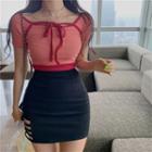 Two-tone Tie-neck Short-sleeve Cropped T-shirt / Cutout Mini Pencil Skirt