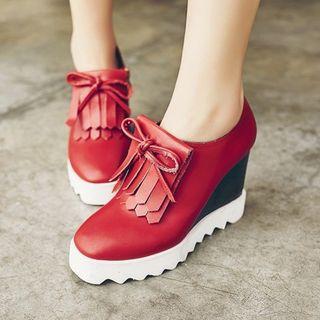 Fringed Genuine Leather Platform Wedge Shoes