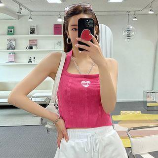Halter Chain Heart-patched Knit Crop Top