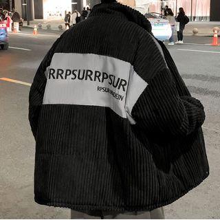 Lettering Embroidered Padded Corduroy Zip Jacket