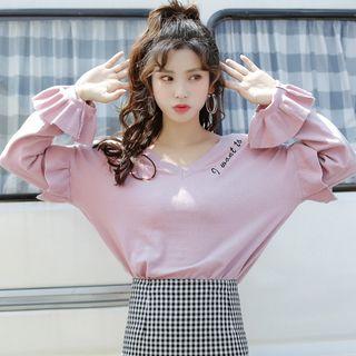 Embroidered V-neck Bell-sleeve Sweater