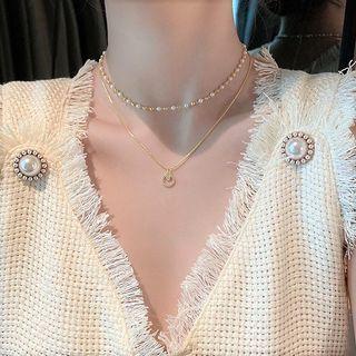 Rhinestone Faux Pearl Layered Alloy Necklace Gold - One Size