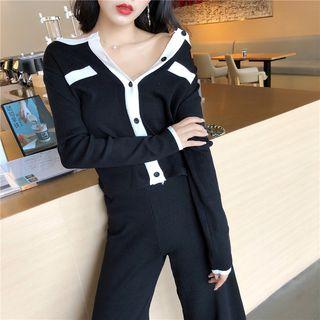 Set: Color-block Cardigan + Wide-leg Pants