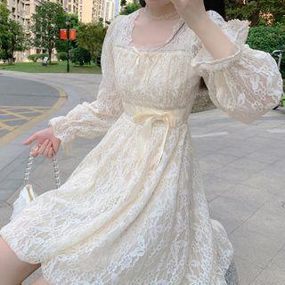 Long-sleeve Square-neck Crochet Lace Dress