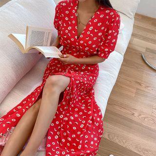 Button-up Shirred Maxi Floral Dress