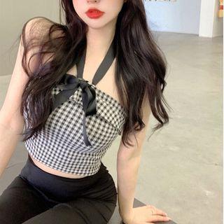 Halter-neck Bow Gingham Crop Top