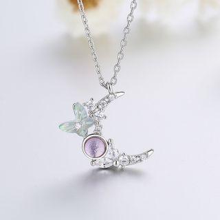 Rhinestone Moon Pendant Necklace Purple & Silver - One Size