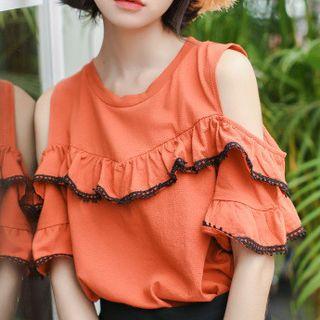 Frilled Open Shoulder Short-sleeve T-shirt