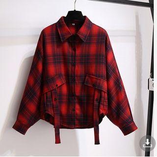 Batwing-sleeve Plaid Pocket Jacket