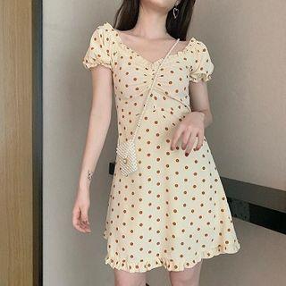Polka Dot Ruffled-trim V-neck Short-sleeve Dress