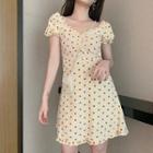 Polka Dot Ruffled-trim V-neck Short-sleeve Dress