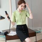 Short-sleeve Tie-neck Blouse / Pencil Skirt / Dress Pants / Set