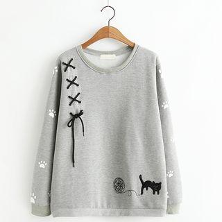 3/4-sleeve Cat Embroidery T-shirt