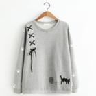 3/4-sleeve Cat Embroidery T-shirt