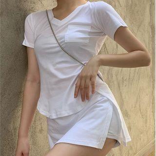 V-neck Pocket Short-sleeve Top / High-waist Side-slit Mini Skirt