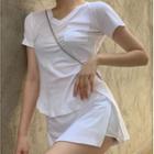 V-neck Pocket Short-sleeve Top / High-waist Side-slit Mini Skirt