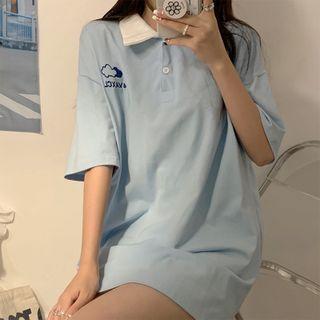 Elbow-sleeve Lettering Embroidered Mini Polo Dress