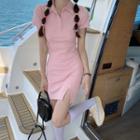 Short-sleeve Polo-neck Mini Sheath Dress