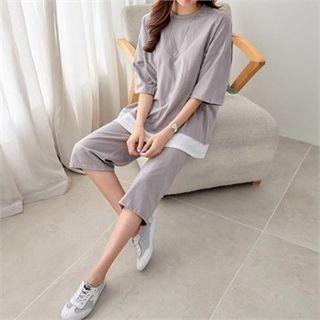 Set: Layered-hem T-shirt + Cropped Pants