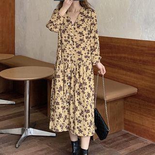 Long-sleeve Floral Print Chiffon Midi A-line Dress Yellow - One Size