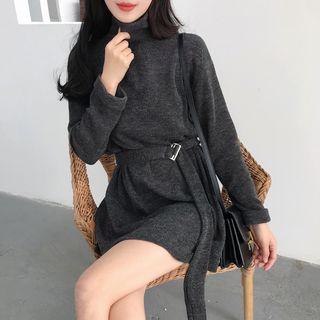 Long-sleeve Mock-neck Knit Top With Belt