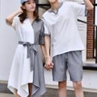 Couple Matching Color-block Lace-up Short-sleeve Dress / Set:color-block Short-sleeve Top + High-waist Shorts