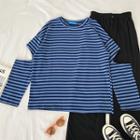 Color-block Striped Cut Out Long-sleeve T-shirt Blue - One Size