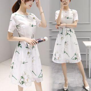 Floral Print Short Sleeve A-line Midi Dress