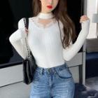 Lace Trim Cutout-front Mock-neck Knit Top