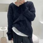 V-neck Plain Cable-knit Loose-fit Sweater