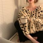 Dotted Fluffy V-neck Sweatshirt Leopard - One Size