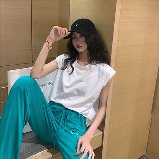 Sleeveless Plain T-shirt /lettering Drawstring Pants