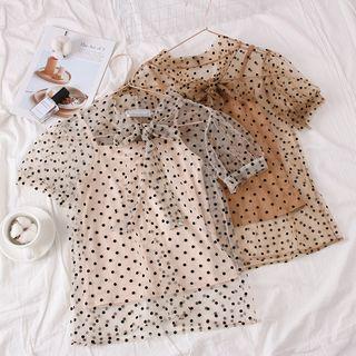 Ribbon-neckline Dotted Sheer Mesh Top With Camisole