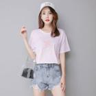 Set: Short-sleeve Sequined Star T-shirt + Ripped Denim Shorts