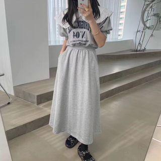 Lace Collar Short-sleeve Lettering Midi A-line Dress