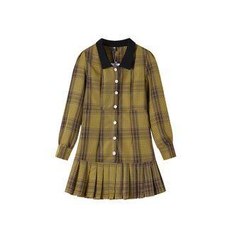 Gingham Pleated Color Block Long Sleeve Dress