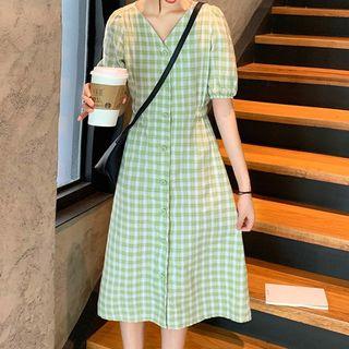 Short-sleeve Midi Plaid A-line Dress Green - One Size