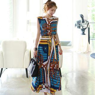 Set: Sleeveless Patterned Top + Midi Wrap Skirt