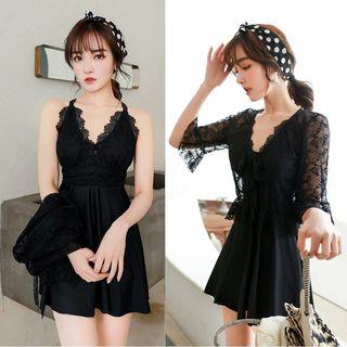 Set: Lace Trim Swim Dress + Cover Up