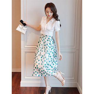 Set: V-neck Cropped Blouse + Dotted Midi A-line Skirt