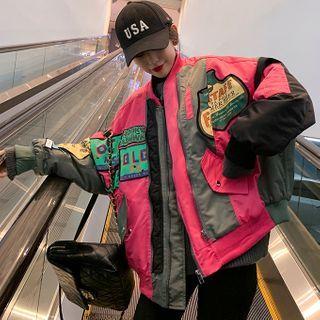 Lettering Color Block Bomber Jacket Rose Pink - One Size