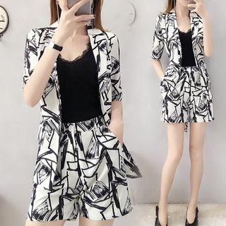 Set: Elbow-sleeve Patterned Blazer + Wide-leg Shorts