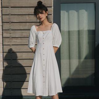 Square-neck Faux Pearl Elbow-sleeve A-line Midi Dress