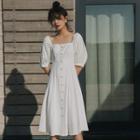 Square-neck Faux Pearl Elbow-sleeve A-line Midi Dress