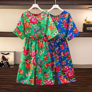 Set: Short Sleeve Floral Print T-shirt + Elastic Waist Shorts