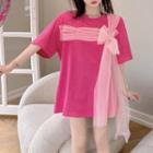 Short-sleeve Mesh Bow T-shirt Pink - One Size